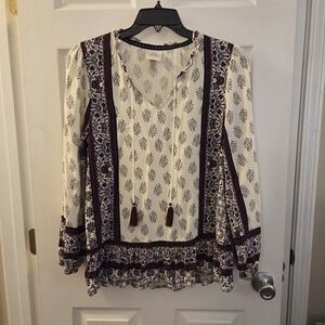 Knox Rose sz XL 100% rayon long slv tunic top floral peasant tassels boho hippie